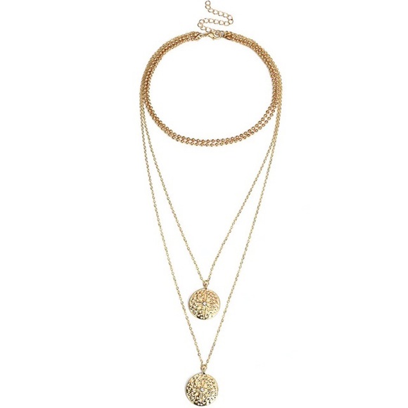 Dainty Round Pendant Layered Chain Necklace Gold - Picture 4 of 6